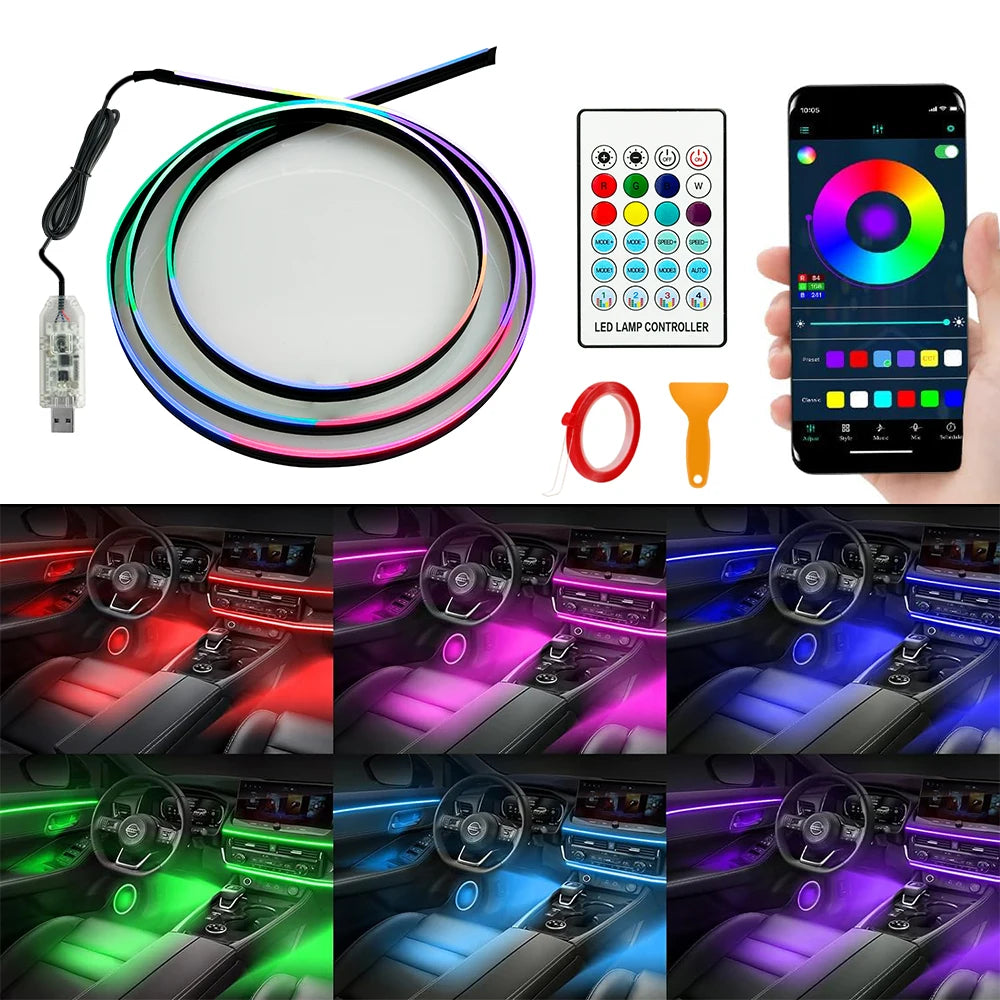 Car Interior Ambient Light Kit glowing along a car dashboard