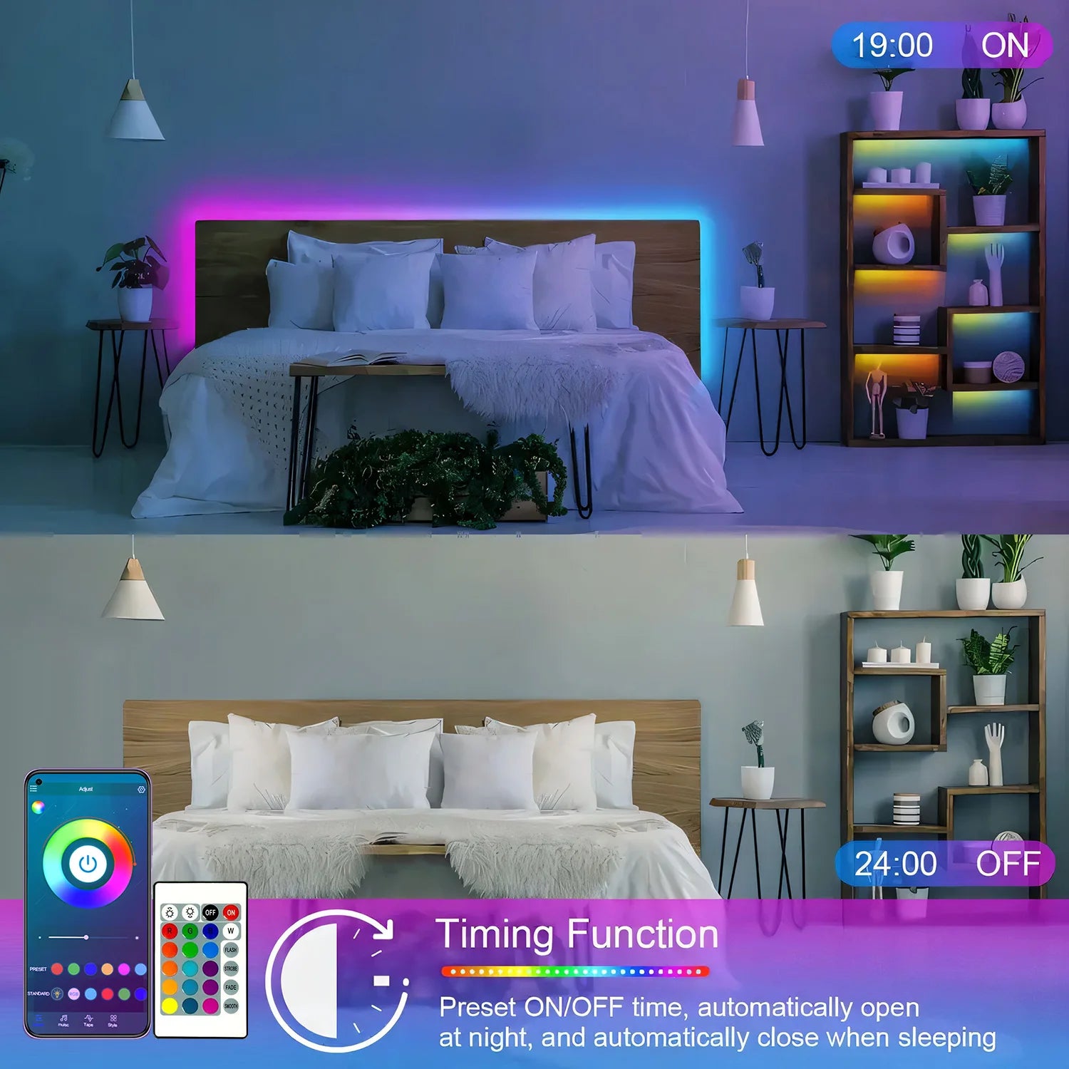 Music Sync LED Strip Lights installed along a wall
