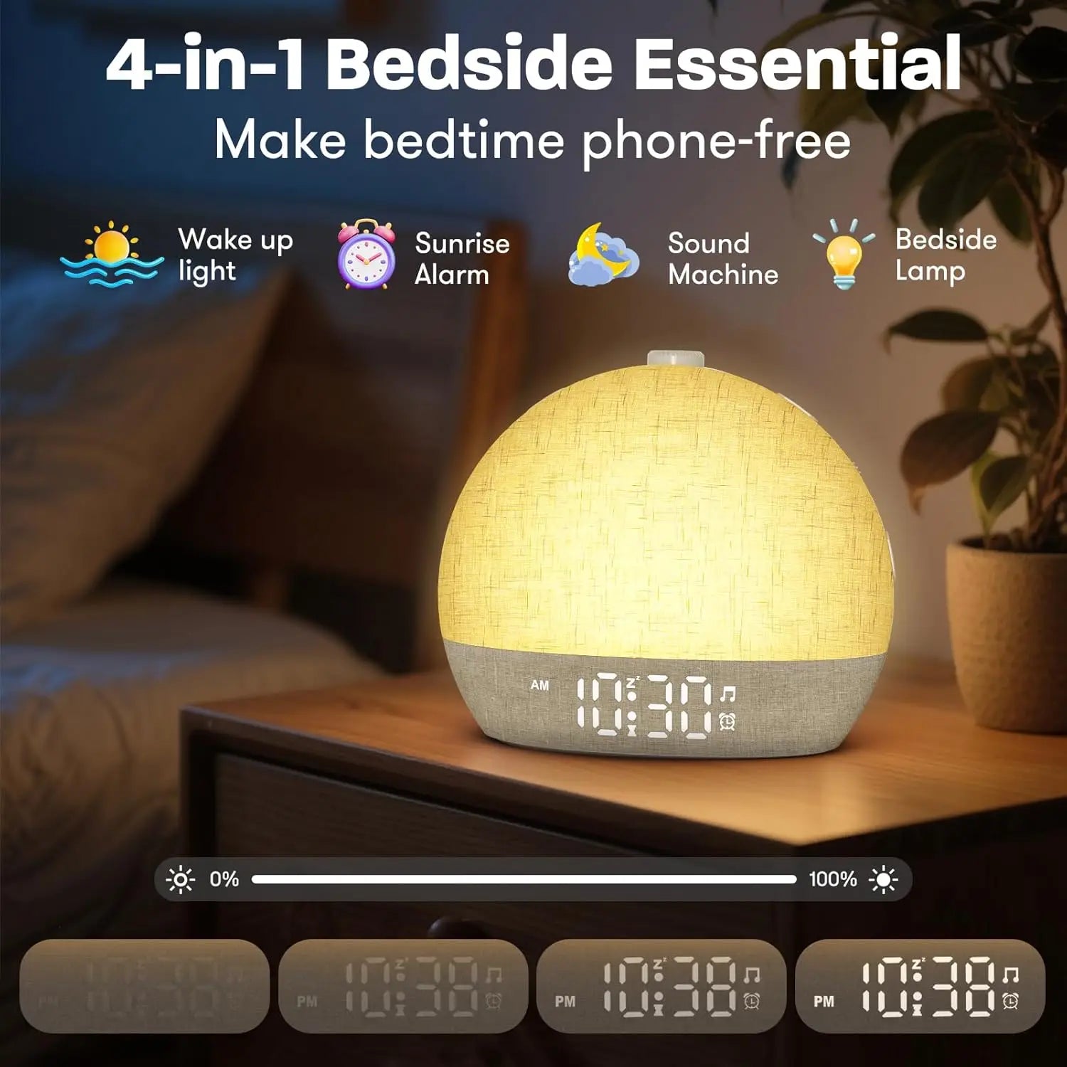 Sunrise Alarm Wake-Up Light shown in warm sunrise mode