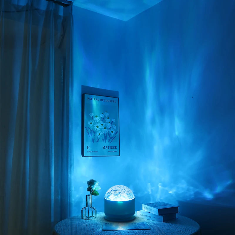 Aurora Wave Projector lighting a bedroom at night