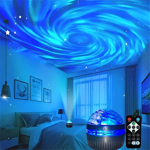Galaxy Star Projector casting a starry nebula across a dark bedroom